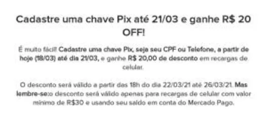 Cadastre sua chave PIX e ganhe R$20 de desconto em recarga de celular de no mínimo R$30