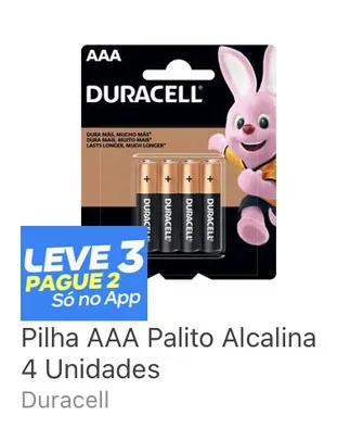[APP / Leve 3, Pague 2] Pilha Duracell AAA Palito (4 Unidades) R$ 12
