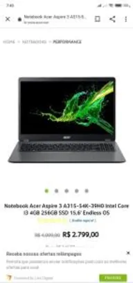 Notebook ace aspire 3 com 250g de ssd, i3 e 4g de ram | R$2463