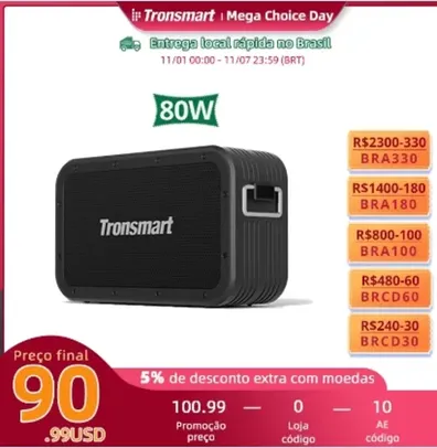 [Do Brasil] Caixa de Som Tronsmart Force Max 80W, com TWS, Bluetooth 5.0, IPX6 à prova d'água, Powerbank integrado