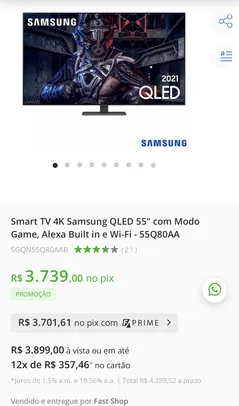 Smart TV 4K Samsung QLED 55" com Modo Game, Alexa Built in e Wi-Fi - 55Q80AA