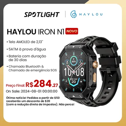 [Moedas R$ 219] Smartwatch HAYLOU Iron N1 com Tela AMOLED de 2,13", Ligações por Bluetooth, A Prova D'Água e com Bateria de 30 Dias