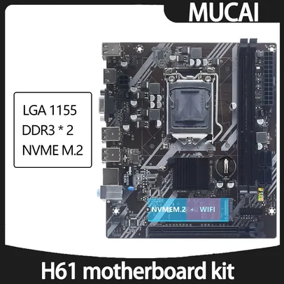 MUCAI-H61 Kit Placa mãe, LGA 1155, Compatível com CPU Intel Core, 2ª e 3ª Gerações, Suporta M.2 NVME SDD