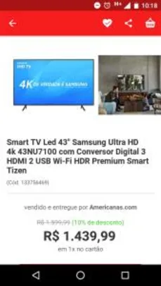 Saindo por R$ 1340: (AME R$1200) Smart TV Led 43" Samsung Ultra HD 4k 43NU7100 | R$1340 | Pelando