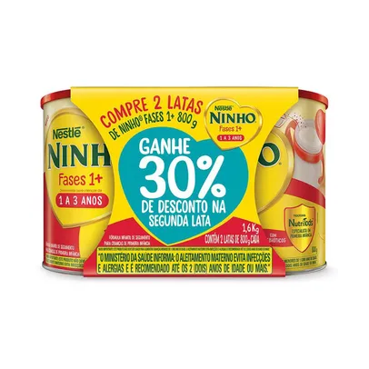 Pack Fórmula Infantil em Pó Nestlé Ninho Fases 1+ Lata 2 Unidades 800g Cada 30% de Desconto na Segunda Lata