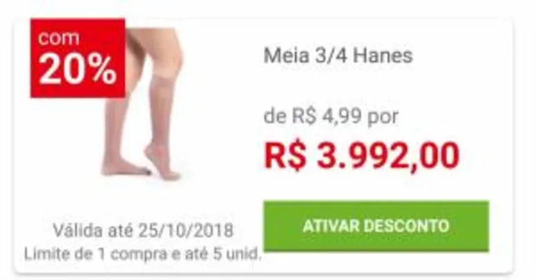 [APP] 20% Off em Meia 3/4 Hanes R$4