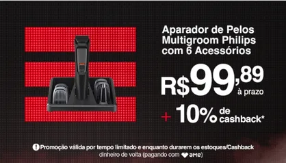 (APP/AME R$90) Aparador de Pelos Multigroom com 6 Acessórios MG3712 - Philips