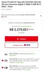 [R$ 2.039 AME 15%] TV 55' Sony 55X705F 4K UHD HDR | R$ 2.279,05 Boleto