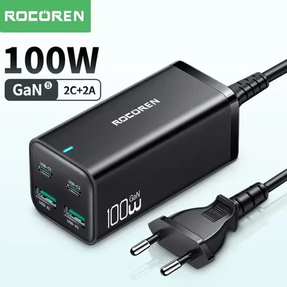 Carregador de mesa Rocoren GaN 100W, carga rápida 4.0, QC 3.0, PD USB C, tipo C