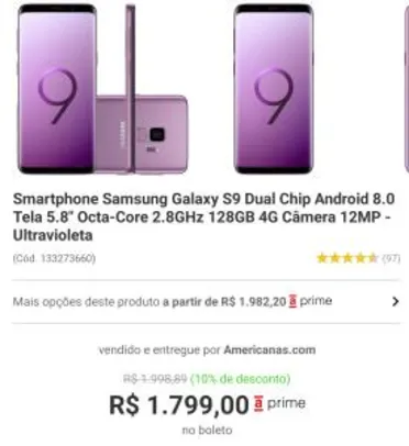 [AME R$ 1519] Smartphone Samsung Galaxy S9 Dual Chip Android 8.0 R$ 1799