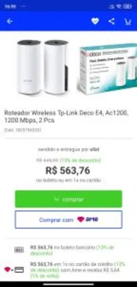 Roteador Wireless Tp-Link Deco E4, Ac1200, 1200 Mbps, 2 Pcs - R$564