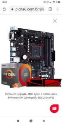 PICHAU KIT UPGRADE, AMD RYZEN 5 3400G, ASUS PRIME B450M GAMING/BR, 8GB 2666MHZ | R$1.159