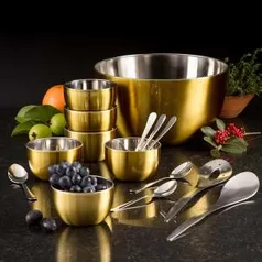 Conjunto de Sobremesa Gold em Aço Inox 12 Peças + Saladeira Gold em Aço Inox com 2 Talheres de Servir - La Cuisine - R$81