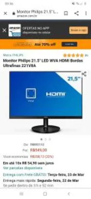 Monitor Philips 21.5" LED WVA HDMI Bordas Ultrafinas 221V8A | R$ 549