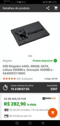 [KABUM-APP] SSD Kingston A400, 480GB, SATA, Leitura 500MB/s, Gravação 450MB/s