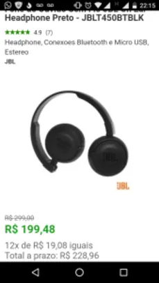 Fone de Ouvido Sem Fio JBL On Ear Headphone Preto - JBLT450BTBLK
