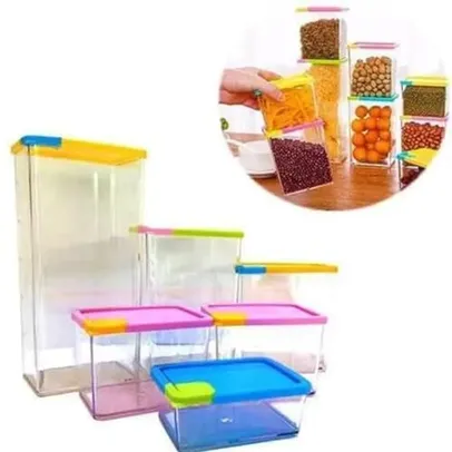 Kit 6 Potes Herméticos Jogo Porta Mantimentos Empilhável Organizador Armário Cozinha Freezer