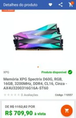 Memória XPG Spectrix D60G, RGB, 16GB (2x8gb), 3200MHz, DDR4, CL16 | R$ 674