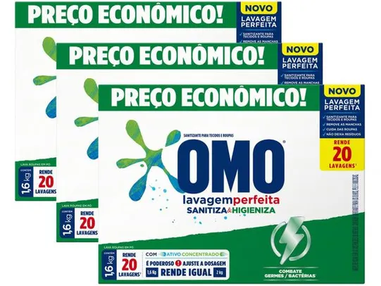 [App 6kg] Sabão em Pó Omo Lavagem Perfeita - Sanitiza e Higieniza Concentrado 1,6kg 3 Unidades| R$40