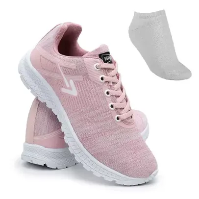 Tênis Feminino de Caminhada Confortável Rosa + Meia 