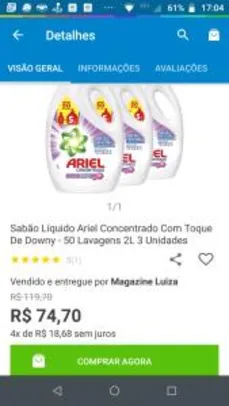 Sabão Líquido Ariel Concentrado Com Toque De Downy - 50 Lavagens 2L 3 Unidades - R$75