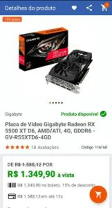 Placa de Vídeo Gigabyte Radeon RX 5500 XT D6, AMD/ATI, 4G, GDDR6 | R$ 1.349,90