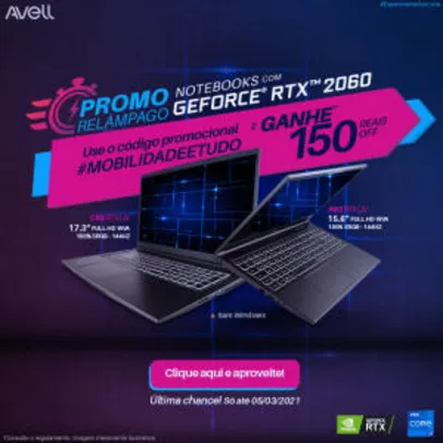 R$150 off em Notebooks Avell com Geforce RTX2060
