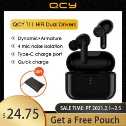 Fone de Ouvido QCY T11 HiFi Dual Drivers TWS Bluetooth 5.0 Earphones | R$