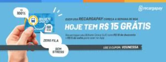 [Primeira compra] R$10 off + R$5 de volta no Recarga Pay [Vale Trasporte]