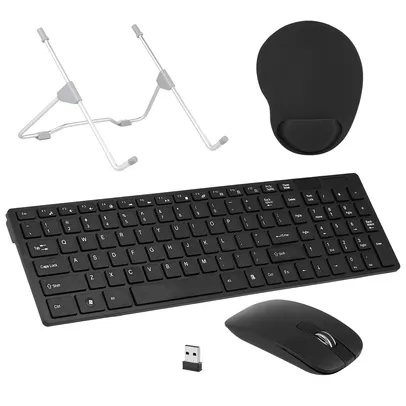 [Internacional | EME R$70] Kit Teclado K-06 e mouse 2.4G sem fio + Suporte dobrável para notebook + Mouse Pad