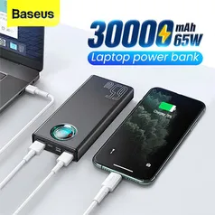 Baseus 65W USB 30000mAh Power Bank PD QC3.0 Fast Charging External Battery Charger With 100W USB-C to USB-C Cable For iPhone Samsung|R$322