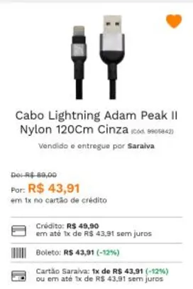Cabo Lightning Adam Peak II Nylon 120Cm Cinza por R$ 44