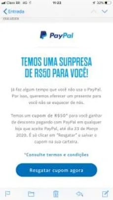 [Usuários Selecionados] R$50 off em pagamentos realizados com Paypal