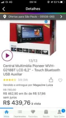 Central Multimídia Pioneer MVH-G218BT LCD 6,2” - Touch Bluetooth USB Auxiliar - R$440