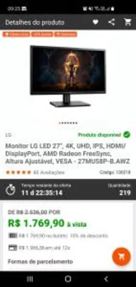 Monitor LG LED 27", 4K, UHD, IPS, HDMI/DisplayPort, | R$ 1770