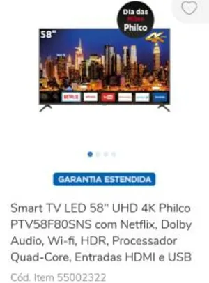 Smart TV LED 58" Philco PTV58F80SNS 4K | R$2.199