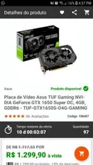 Placa de Vídeo Asus TUF Gaming NVIDIA GeForce GTX 1650 Super OC, 4GB, GDDR6 R$1300