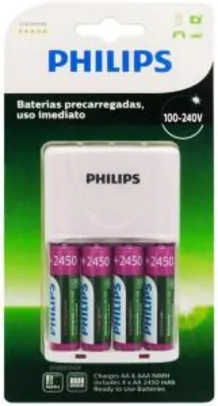 Carregador de Pilhas Philips com 4 Pilhas Aa Recarregáveis 2450mAh SCB2445NB Bivolt | R$110