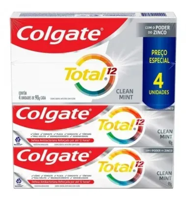 Kit Pasta de Dente Colgate Total 12 Clean Mint - 4 Unidades de 90g cada