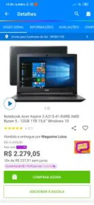 [Clube Da Lu] Notebook Acer Aspire 3 A315-41-R4RB AMD Ryzen 5 - 12GB 1TB 15,6” Windows 10 | R$2.051