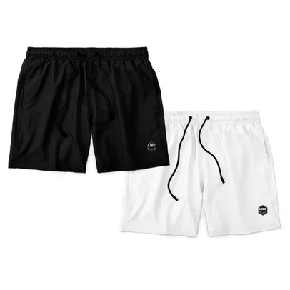 Kit 2 Bermudas Life Lisa Short Liso Masculino Básico Mauricinho Tactel - Preto + Branco