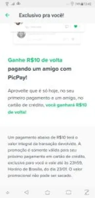 [Selecionados] Ganhe R$ 10 de cashback pagando um amigo