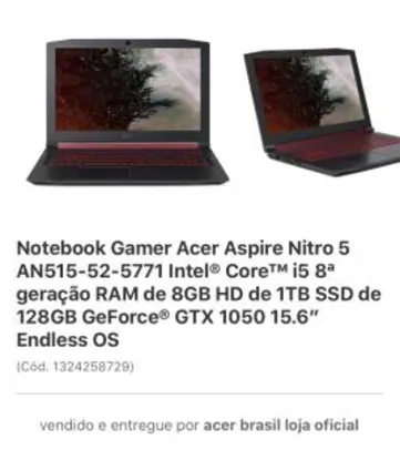 [APP] Notebook Gamer Acer Aspire Nitro 5 AN515-52-5771 i5 RAM de 8GB HD de 1TB SSD de 128GB GeForce® GTX 1050 | R$3.299