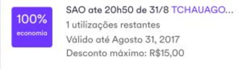 Cabify SP - 100% OFF até R$ 15 - Válido somente até às 20:50 do dia 31/08