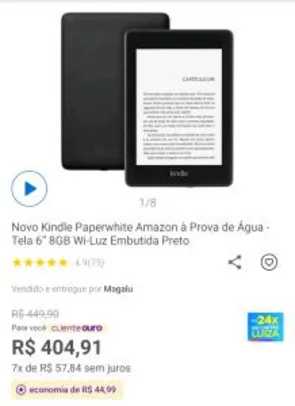 [APP/Cliente Ouro: R$405] Novo Kindle Paperwhite tela 6" 8GB WI-FI Luz Embutida