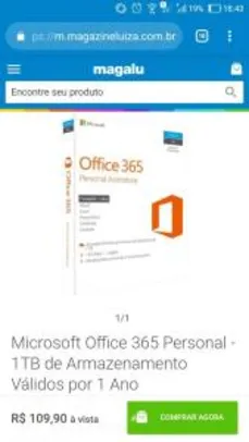 Microsoft Office 365 Personal - 1TB de Armazenamento Válidos por 1 Ano