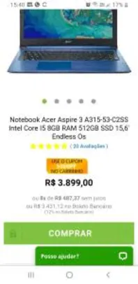 Notebook Acer Aspire 3 A315-53-C2SS Intel Core I5 8GB RAM 512GB SSD 15,6' Endless Os