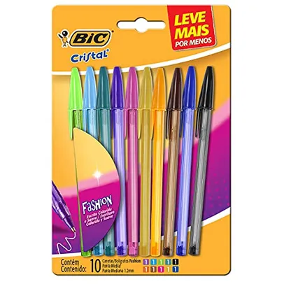 Canetas Coloridas Bic Cristal Fashion 10 Cores Vibrantes, Ponta Esferográfica Média de 1.2mm, Escrita Suave e Cores Vibrantes