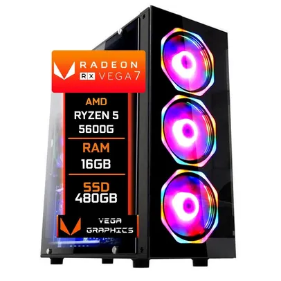 PC Gamer Fácil AMD Ryzen 5 5600g,  16GB DDR4, Radeon Vega 7 Graphics, SSD 480GB, Fonte 500W, Windows - Preto