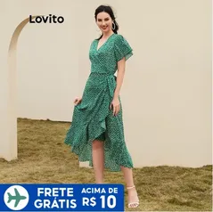 Vestido de bolinha com fenda e decote V (preto/verde)